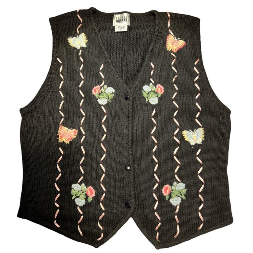 Vtg Granny Knit Vest SZ M Black Pastel Ribbon Butterfly Floral Cottage Cute FLAW